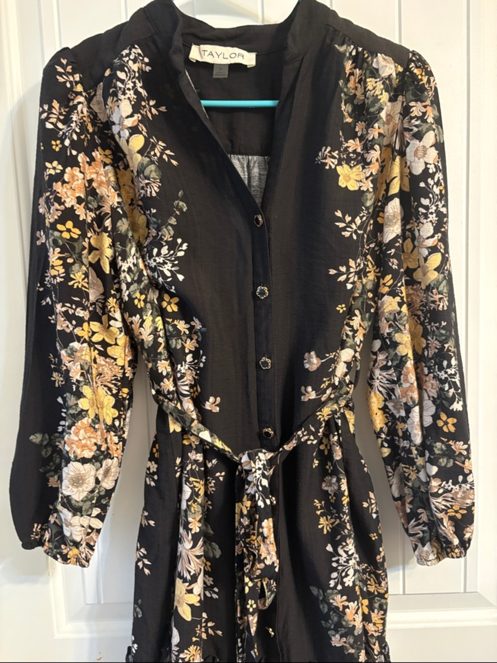 Taylor Black Floral Button-Front Tie-Waist Dress with Yellow and Cream Blooms